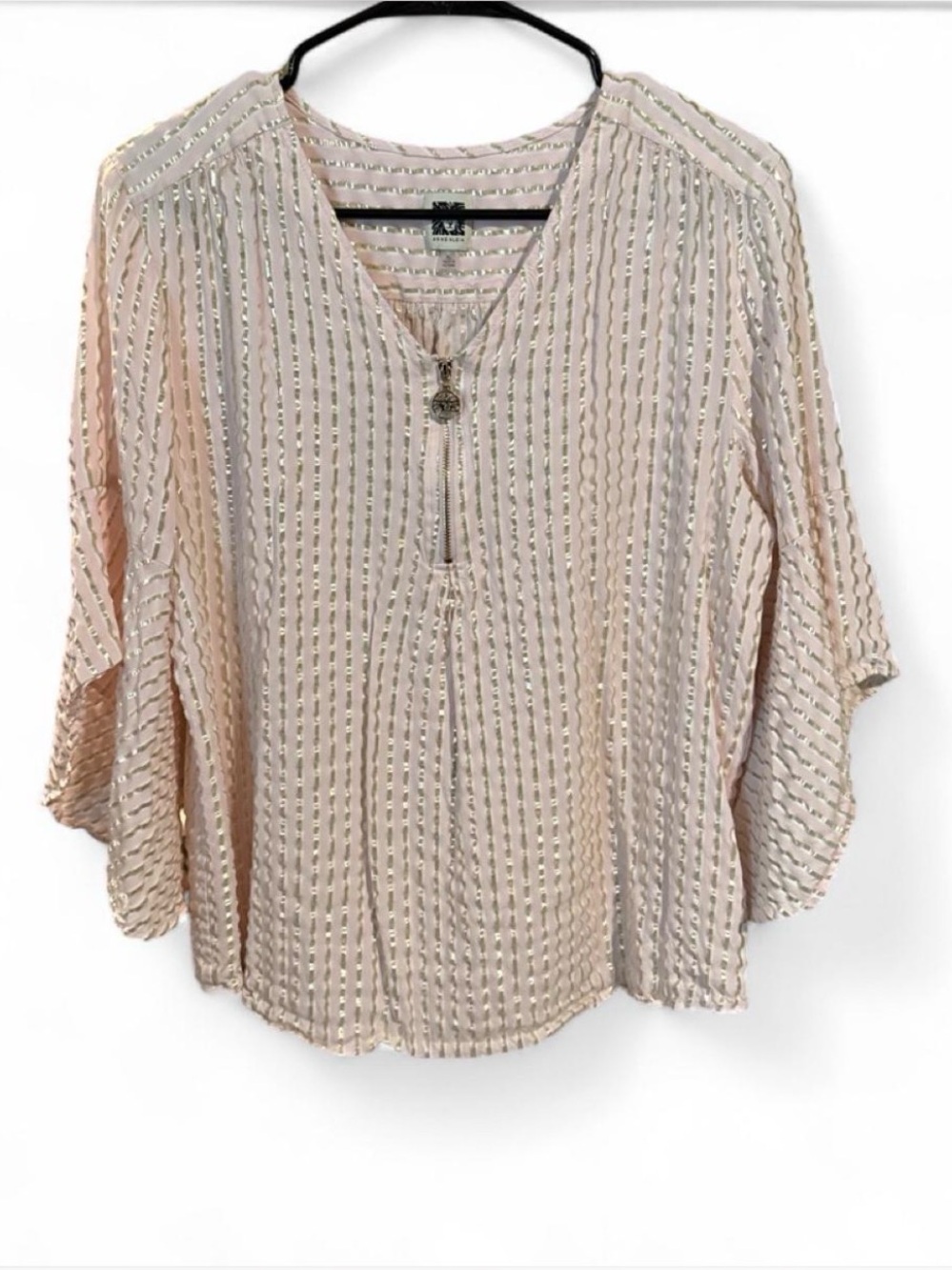 Anne Klein Blush Pink Metallic-Striped V-Neck Tunic